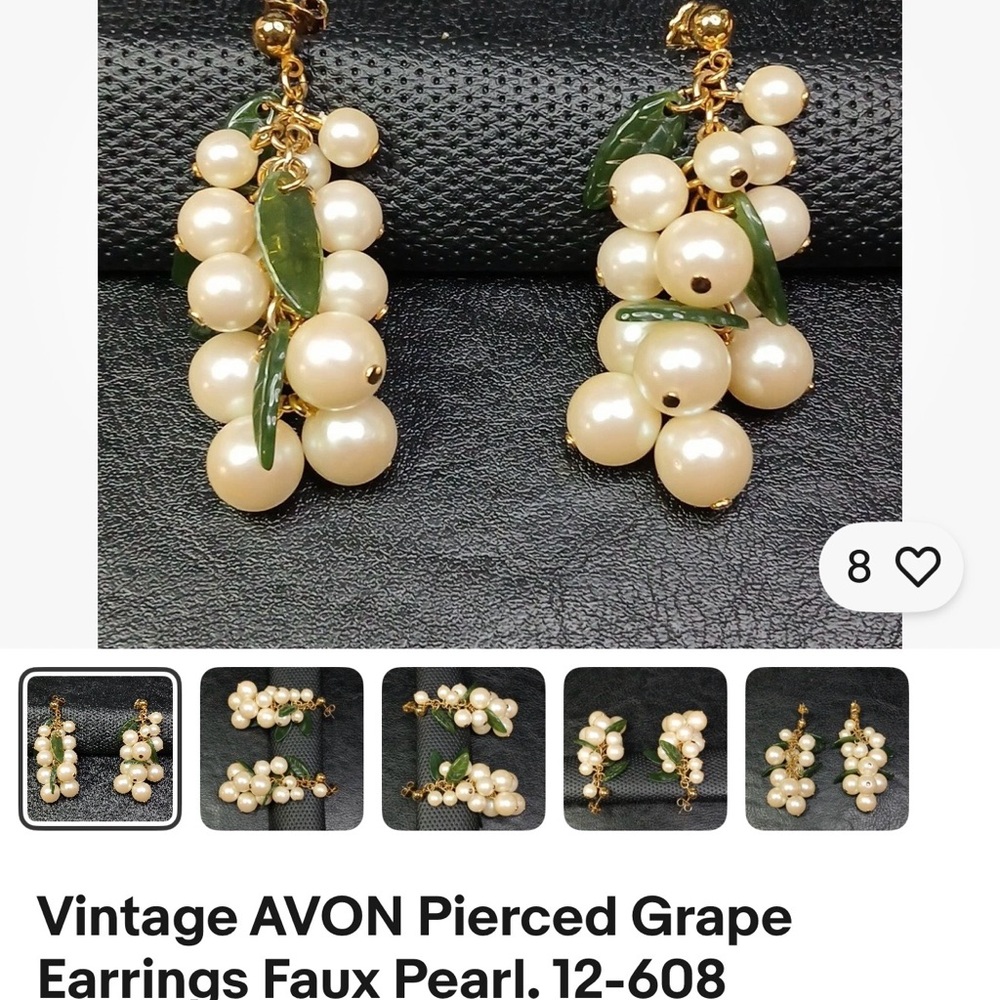 AVON Gold-Tone Faux Pearl Grape Cluster Earrings with Green Leaves